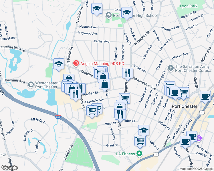 map of restaurants, bars, coffee shops, grocery stores, and more near 17 Merritt Street in Port Chester