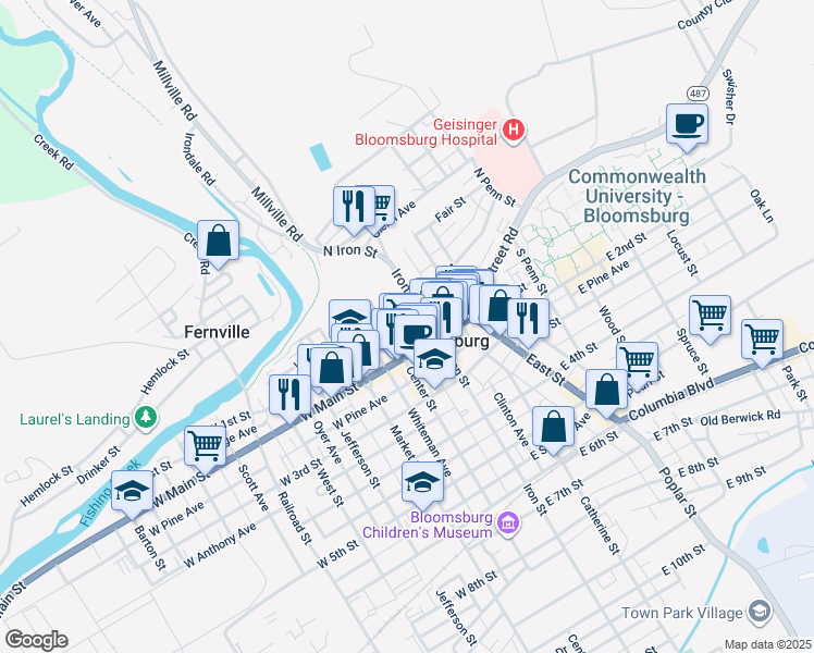 map of restaurants, bars, coffee shops, grocery stores, and more near 34 East Ridge Avenue in Bloomsburg