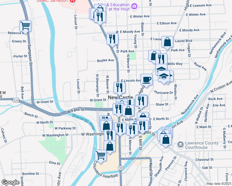 map of restaurants, bars, coffee shops, grocery stores, and more near 311 North Jefferson Street in New Castle