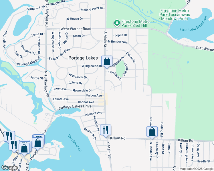 map of restaurants, bars, coffee shops, grocery stores, and more near 3053 South Main Street in Akron