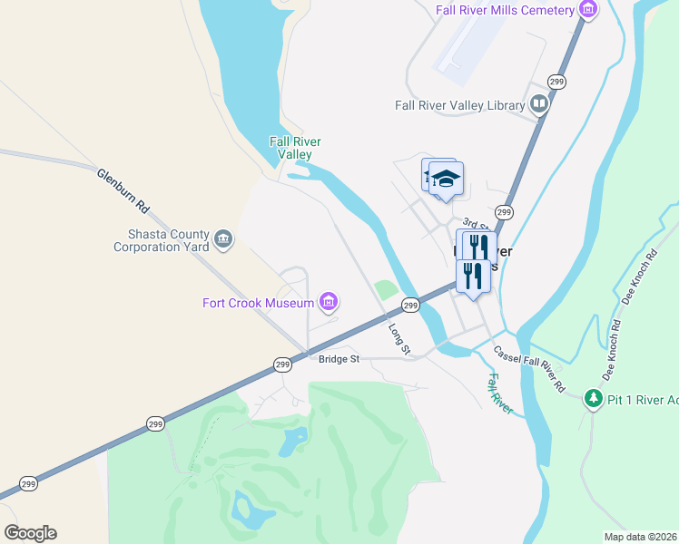 map of restaurants, bars, coffee shops, grocery stores, and more near 24894 Long St in Fall River Mills