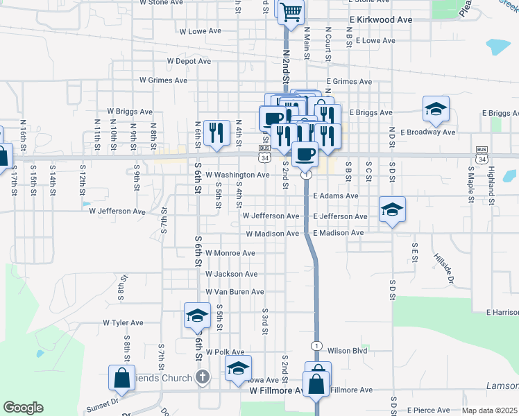 map of restaurants, bars, coffee shops, grocery stores, and more near 350-398 South 3rd Street in Fairfield