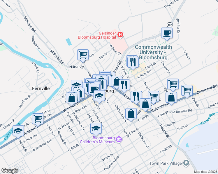 map of restaurants, bars, coffee shops, grocery stores, and more near 232 East Street in Bloomsburg