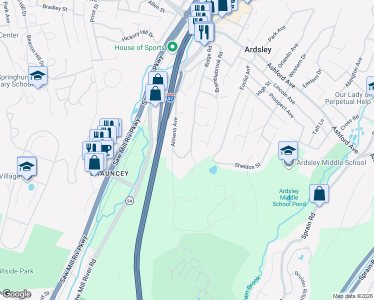 map of restaurants, bars, coffee shops, grocery stores, and more near 114 Ridge Road in Ardsley