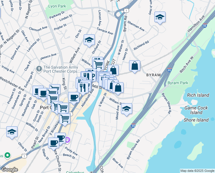 map of restaurants, bars, coffee shops, grocery stores, and more near 6 North Water Street in Greenwich