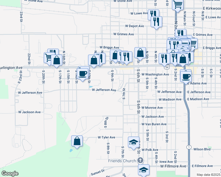 map of restaurants, bars, coffee shops, grocery stores, and more near 901 West Jefferson Avenue in Fairfield