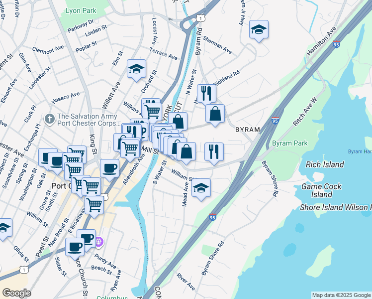 map of restaurants, bars, coffee shops, grocery stores, and more near 25 Henry Street in Greenwich