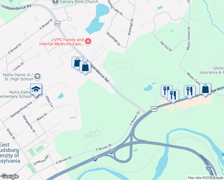 map of restaurants, bars, coffee shops, grocery stores, and more near 524 Independence Rd in East Stroudsburg