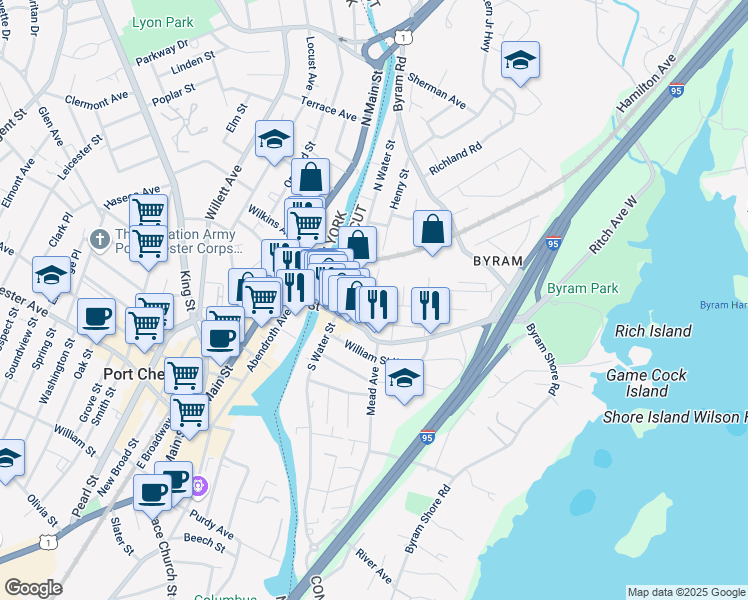 map of restaurants, bars, coffee shops, grocery stores, and more near 25 Henry Street in Greenwich
