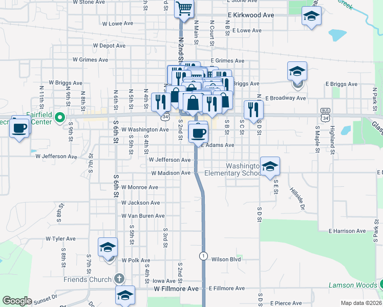 map of restaurants, bars, coffee shops, grocery stores, and more near 304 South Main Street in Fairfield