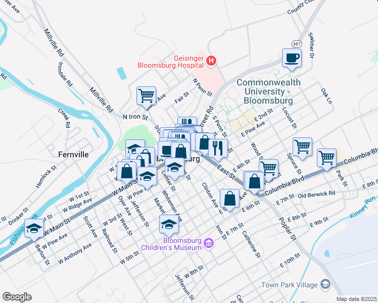 map of restaurants, bars, coffee shops, grocery stores, and more near 148 East Main Street in Bloomsburg