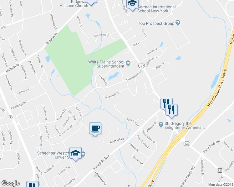 map of restaurants, bars, coffee shops, grocery stores, and more near 9 Pinebrook Drive in White Plains