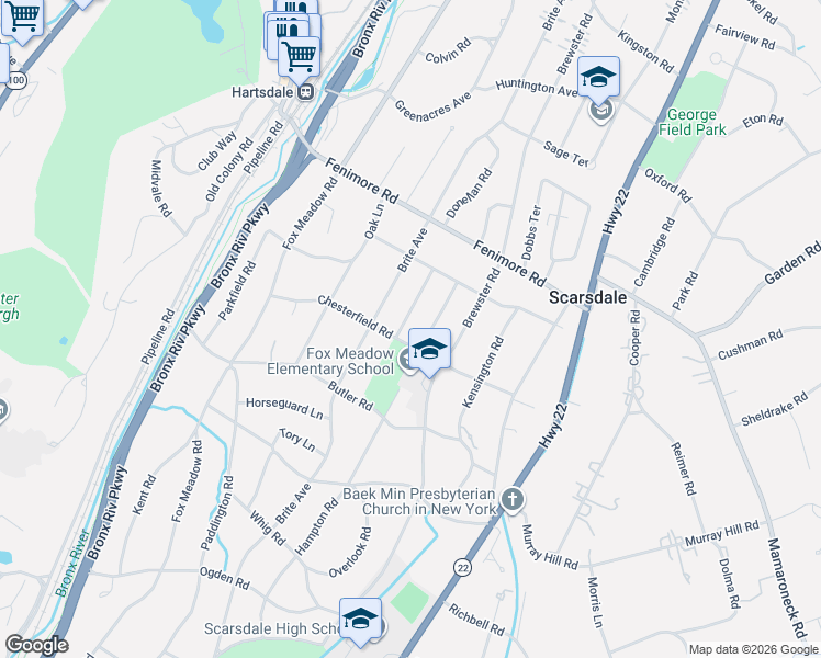 map of restaurants, bars, coffee shops, grocery stores, and more near 69 Hampton Road in Scarsdale