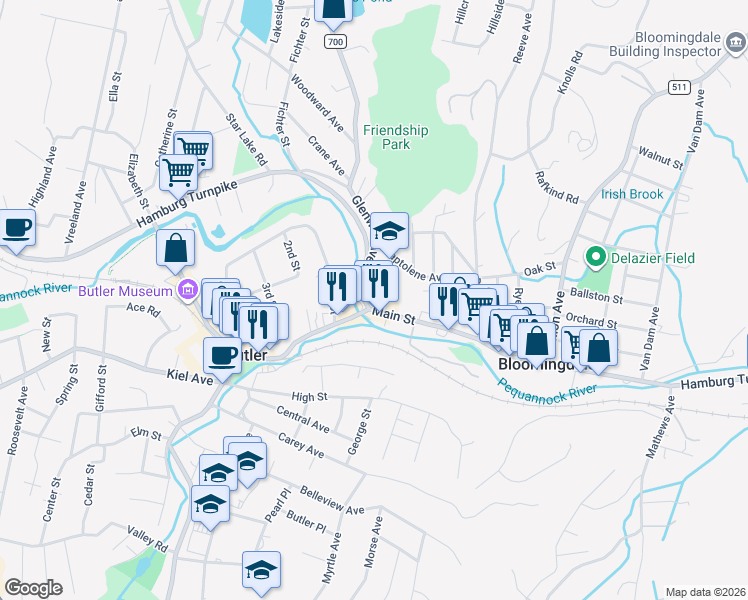 map of restaurants, bars, coffee shops, grocery stores, and more near 142 Main Street in Bloomingdale