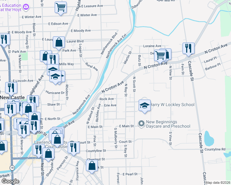 map of restaurants, bars, coffee shops, grocery stores, and more near 718 Cleveland Avenue in New Castle