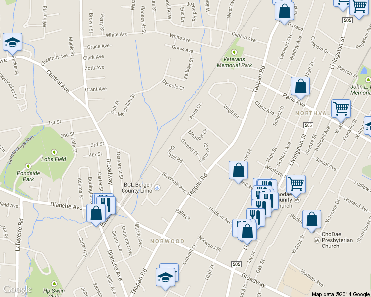map of restaurants, bars, coffee shops, grocery stores, and more near 11 Garnett Place in Norwood