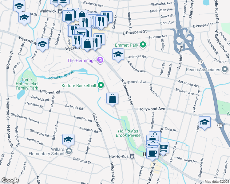 map of restaurants, bars, coffee shops, grocery stores, and more near 7 Garden Court in Ho-Ho-Kus