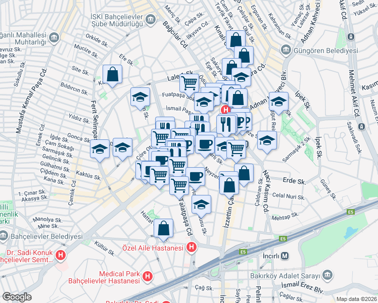 map of restaurants, bars, coffee shops, grocery stores, and more near Adnan Kahveci Bulvarı in Bahçelievler