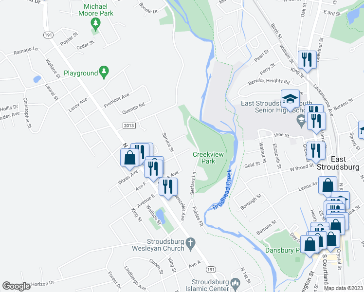 map of restaurants, bars, coffee shops, grocery stores, and more near 316 Oakwood Avenue in Stroudsburg