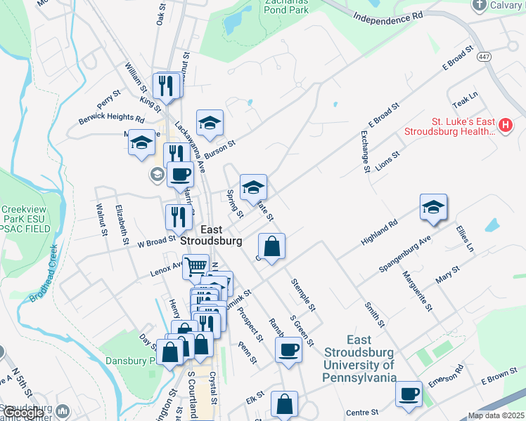 map of restaurants, bars, coffee shops, grocery stores, and more near 61 State Street in East Stroudsburg
