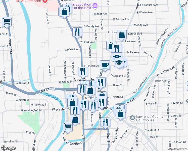 map of restaurants, bars, coffee shops, grocery stores, and more near 301 North Mercer Street in New Castle