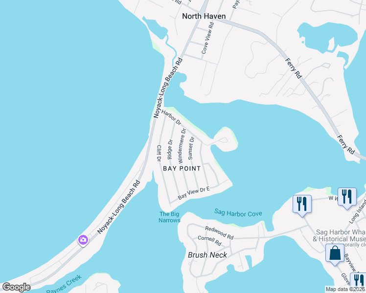map of restaurants, bars, coffee shops, grocery stores, and more near 24 Windermere Drive in Sag Harbor
