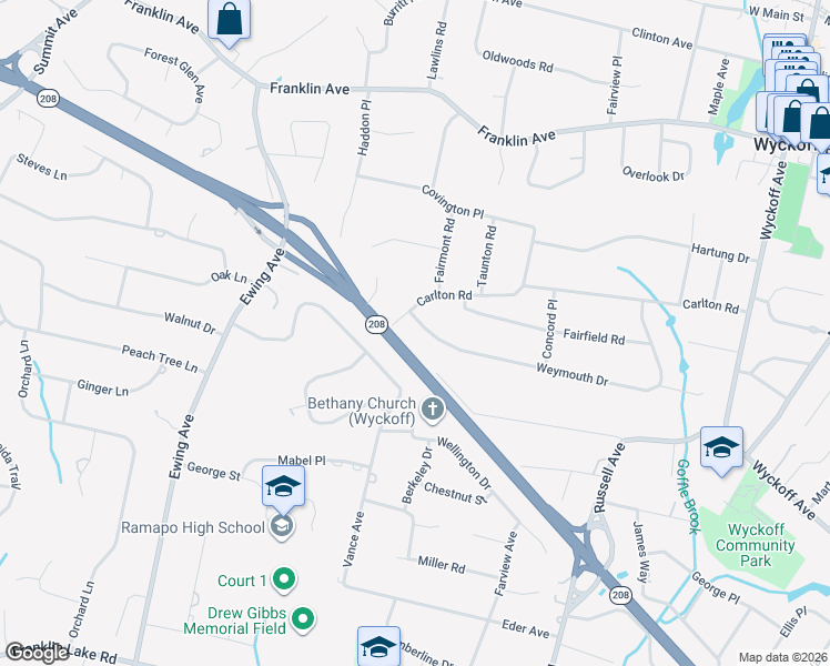 map of restaurants, bars, coffee shops, grocery stores, and more near 502 Weymouth Drive in Wyckoff