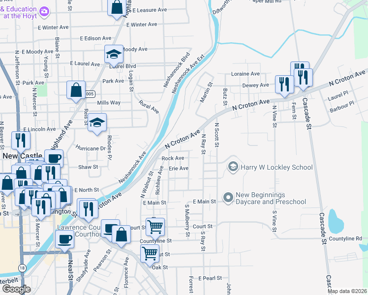 map of restaurants, bars, coffee shops, grocery stores, and more near 718 Cleveland Avenue in New Castle
