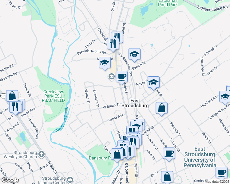 map of restaurants, bars, coffee shops, grocery stores, and more near 190 Grove Street in East Stroudsburg
