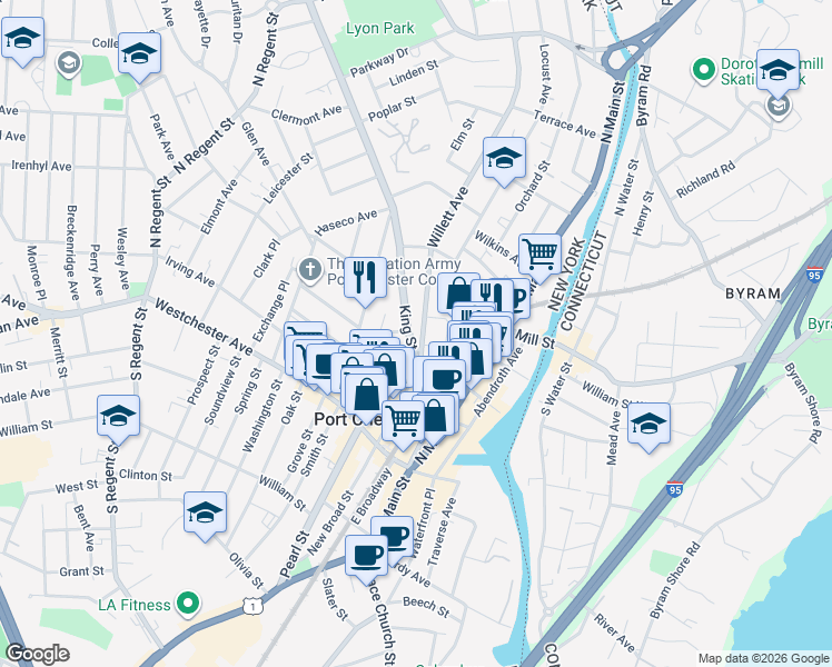 map of restaurants, bars, coffee shops, grocery stores, and more near 201 King Street in Port Chester