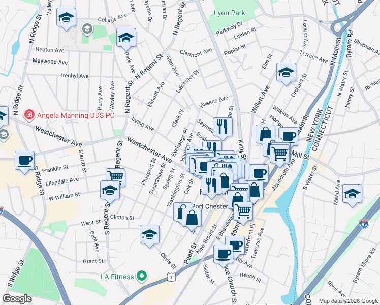 map of restaurants, bars, coffee shops, grocery stores, and more near 52 Washington Mews in Port Chester
