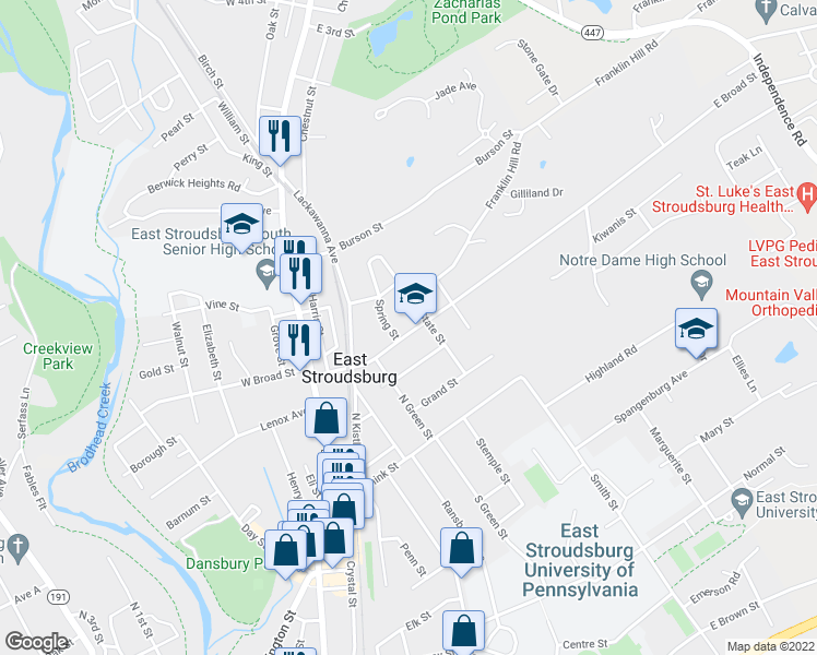 map of restaurants, bars, coffee shops, grocery stores, and more near 120 East Broad Street in East Stroudsburg