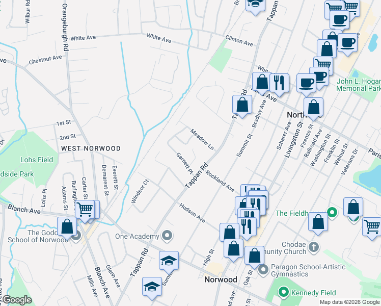 map of restaurants, bars, coffee shops, grocery stores, and more near 8 Garnett Place in Norwood
