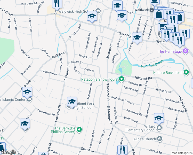 map of restaurants, bars, coffee shops, grocery stores, and more near 94 Cedar Street in Midland Park