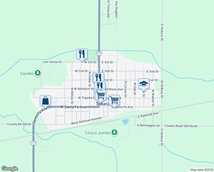 map of restaurants, bars, coffee shops, grocery stores, and more near 309 North Olive Street in Toluca