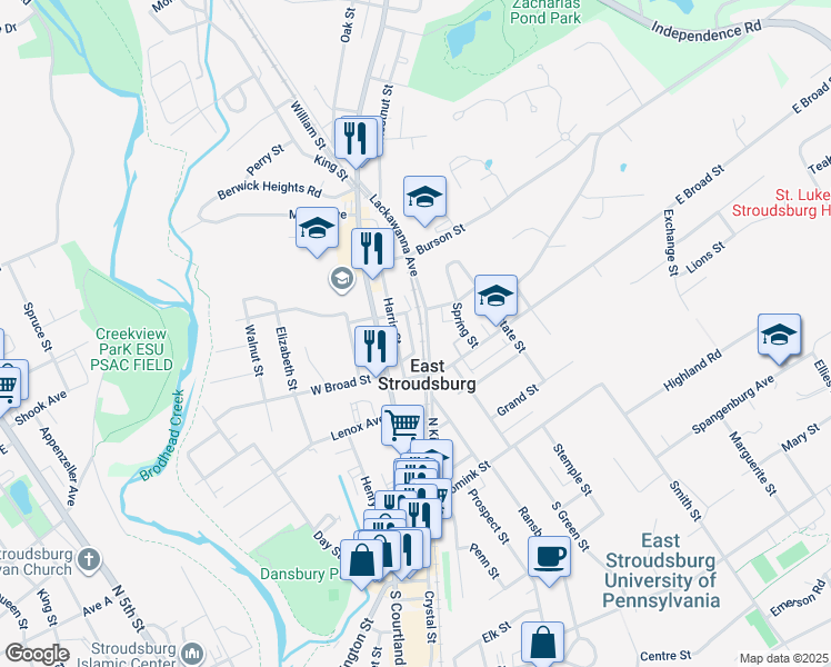 map of restaurants, bars, coffee shops, grocery stores, and more near 190 Meyers Street in East Stroudsburg