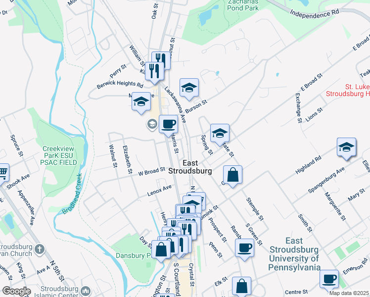 map of restaurants, bars, coffee shops, grocery stores, and more near 190 Meyers Street in East Stroudsburg