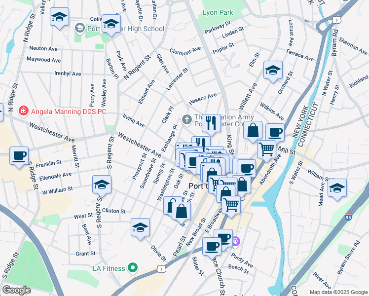 map of restaurants, bars, coffee shops, grocery stores, and more near 52 Washington Mews in Port Chester