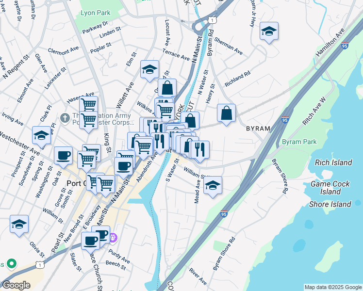 map of restaurants, bars, coffee shops, grocery stores, and more near 6 North Water Street in Greenwich