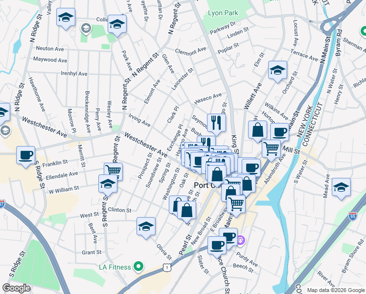 map of restaurants, bars, coffee shops, grocery stores, and more near 52 Washington Mews in Port Chester