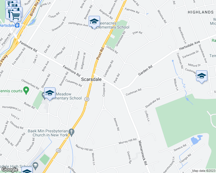 map of restaurants, bars, coffee shops, grocery stores, and more near 32 Cooper Road in Scarsdale