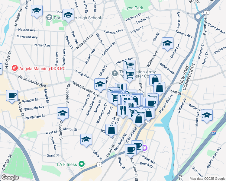 map of restaurants, bars, coffee shops, grocery stores, and more near 52 Washington Mews in Port Chester
