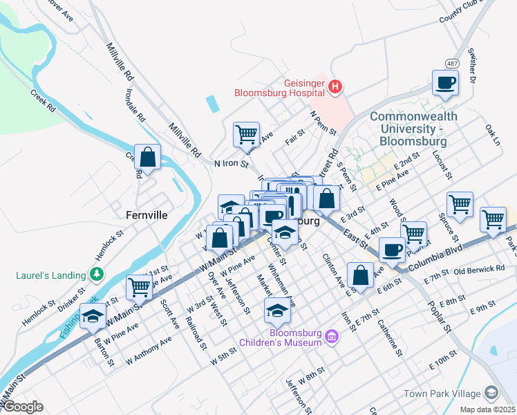 map of restaurants, bars, coffee shops, grocery stores, and more near 50 East 1st Street in Bloomsburg