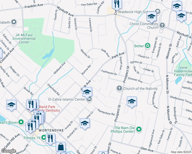 map of restaurants, bars, coffee shops, grocery stores, and more near 2 Meadow Court in Midland Park