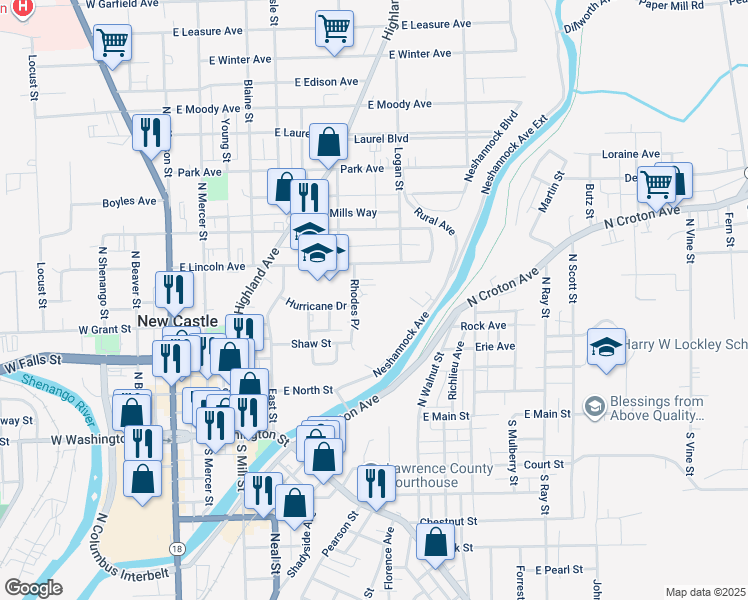 map of restaurants, bars, coffee shops, grocery stores, and more near 316 Rhodes Place in New Castle