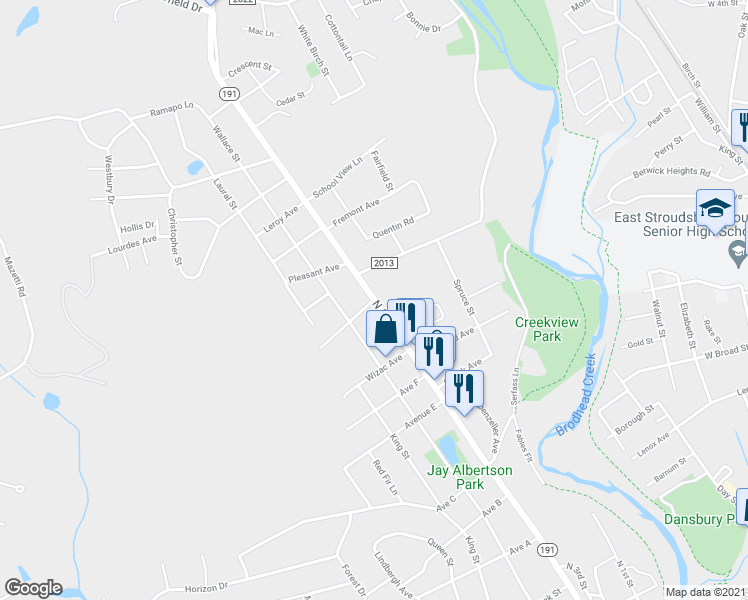 map of restaurants, bars, coffee shops, grocery stores, and more near Pennsylvania 191 in Monroe County