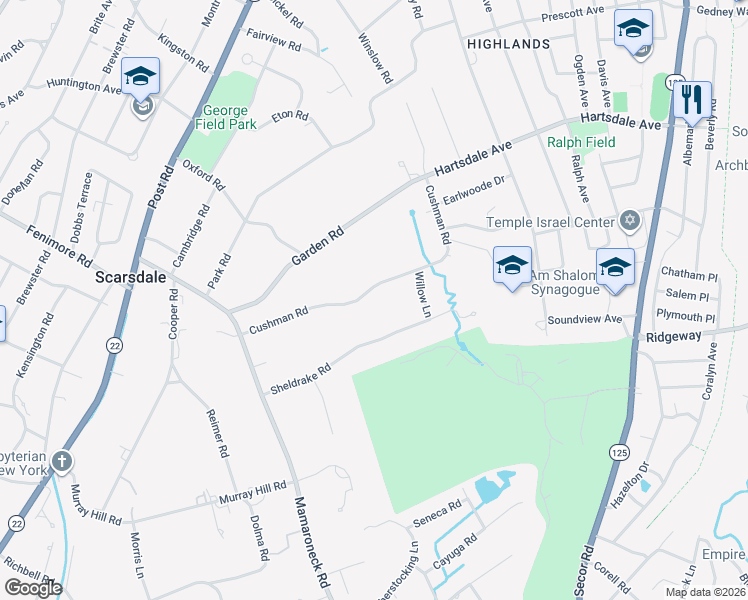 map of restaurants, bars, coffee shops, grocery stores, and more near 56 Cushman Road in Scarsdale
