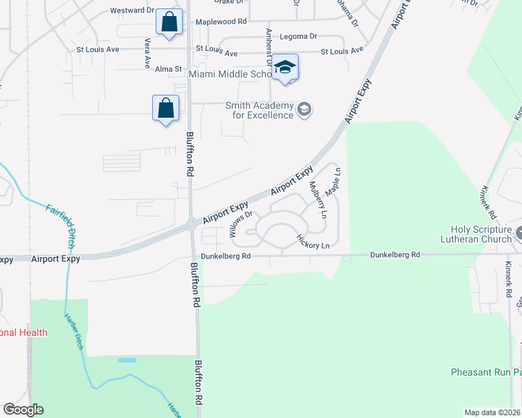 map of restaurants, bars, coffee shops, grocery stores, and more near Willows Drive in Fort Wayne