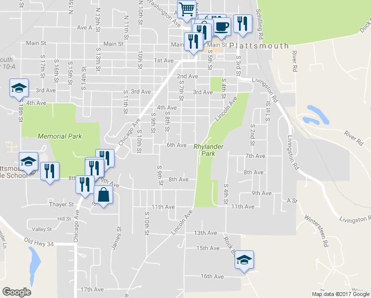 map of restaurants, bars, coffee shops, grocery stores, and more near 625 6th Avenue in Plattsmouth