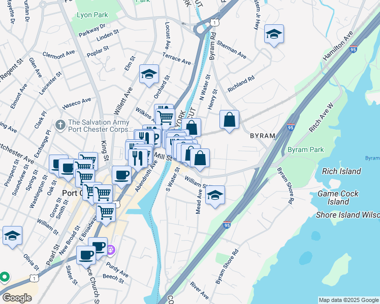 map of restaurants, bars, coffee shops, grocery stores, and more near 21 North Water Street in Greenwich